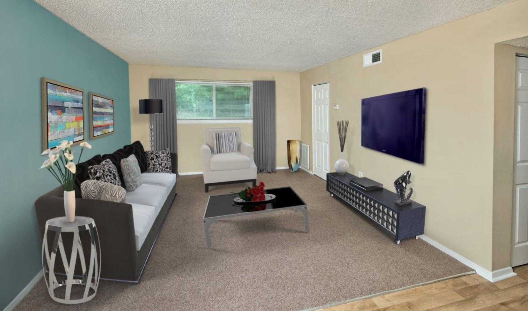 a living room with a couch and a coffee table